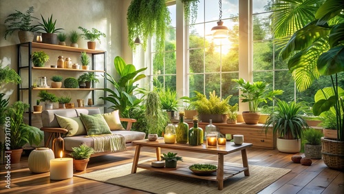 Serene atmosphere with lush green plants, calming essential oils, and natural light filling a peaceful room, promoting relaxation and inner calm for a healthy lifestyle. photo