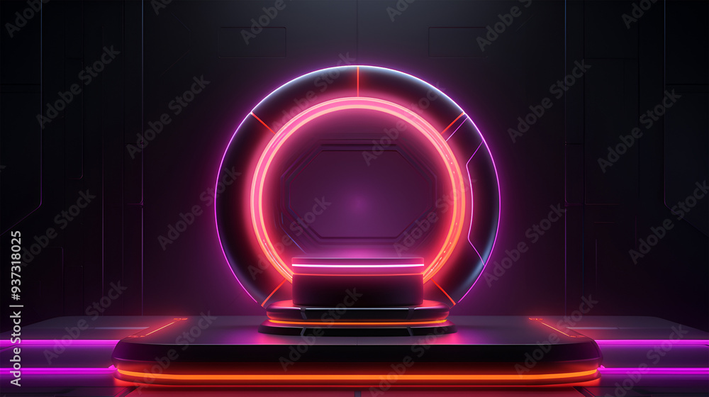 Sci-fi inspired dark background with neon lights and a levitating product display platform Sci-fi inspired dark background with neon lights and a levitating product display platform