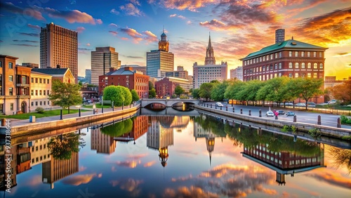 Serene morning scene of Providence River flowing through downtown Providence, Rhode Island, with city skyline and historic buildings reflected in calm waters. photo