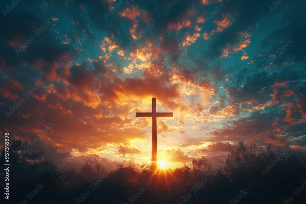 Sunrise with radiant light illuminating a cross, warm sky, spiritual and peaceful atmosphere Sunrise with radiant light illuminating a cross, warm sky, spiritual and peaceful atmosphere