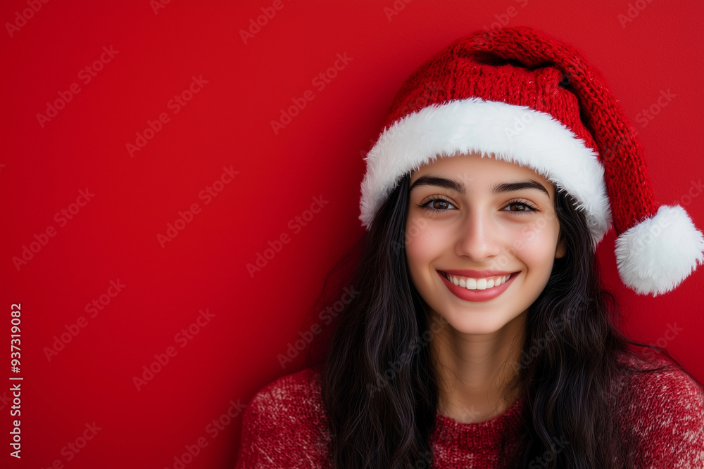 woman wearing a red and white Santa hat is smiling at the camera. woman wearing a red and white Santa hat is smiling at the camera.
