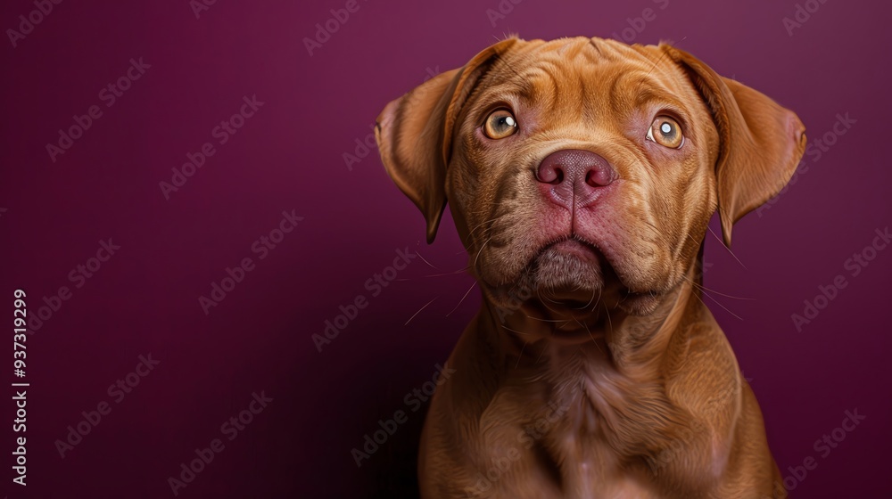 Sweet puppy dog with a curious expression on a solid purple background, space above for text, vivid colors, sharp focus Sweet puppy dog with a curious expression on a solid purple background, space above for text, vivid colors, sharp focus