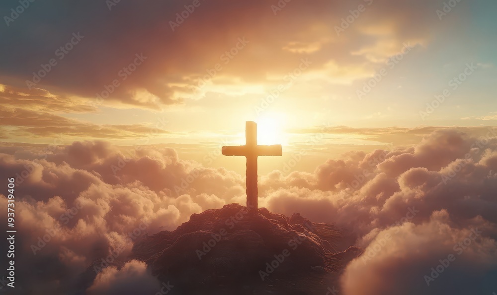 Sunrise with radiant light illuminating a cross, warm sky, spiritual and peaceful atmosphere Sunrise with radiant light illuminating a cross, warm sky, spiritual and peaceful atmosphere