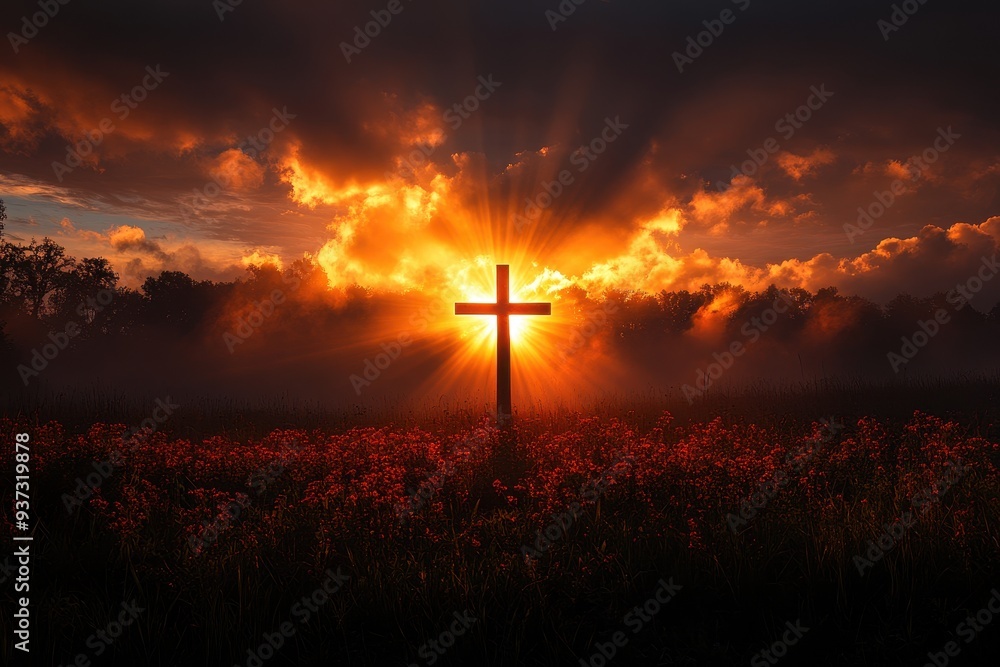 Obraz premium Divine sunrise illuminating a cross, golden sky, spiritual and serene atmosphere
