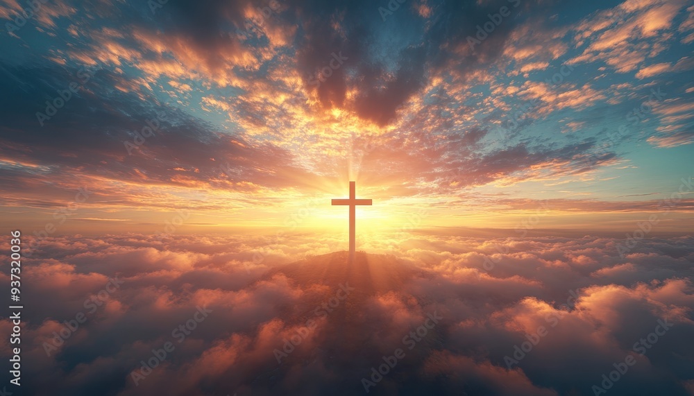 Obraz premium Divine sunrise illuminating a cross, golden sky, spiritual and serene atmosphere