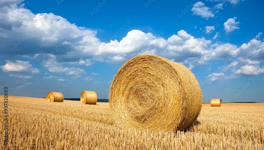 A golden hay bale rolling across the horizon of an expansive field under a dramatic sky A golden hay bale rolling across the horizon of an expansive field under a dramatic sky