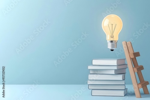 A light bulb on top of a wooden ladder leaning against a stack of books