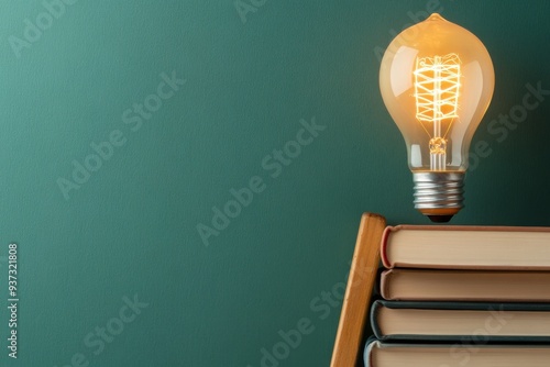 A light bulb on top of a wooden ladder leaning against a stack of books