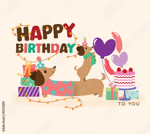 Happy birthday greeting card with cute dachshund puppy, flat and colorful illustration.