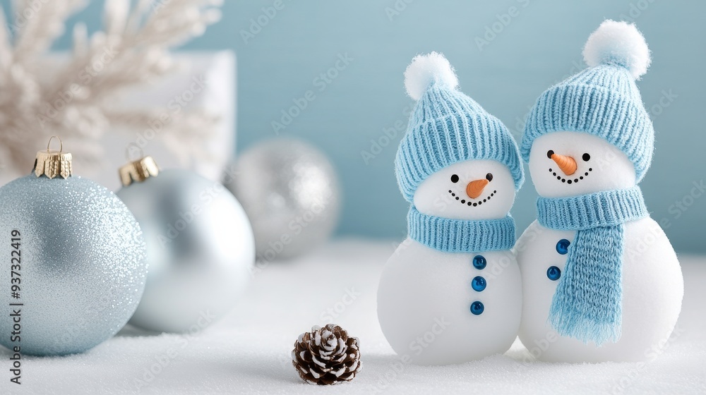 Obraz premium Two snowmen, dressed in blue hats and scarves, are accompanied by a pinecone and silver Christmas balls, highlighting a charming winter setting.
