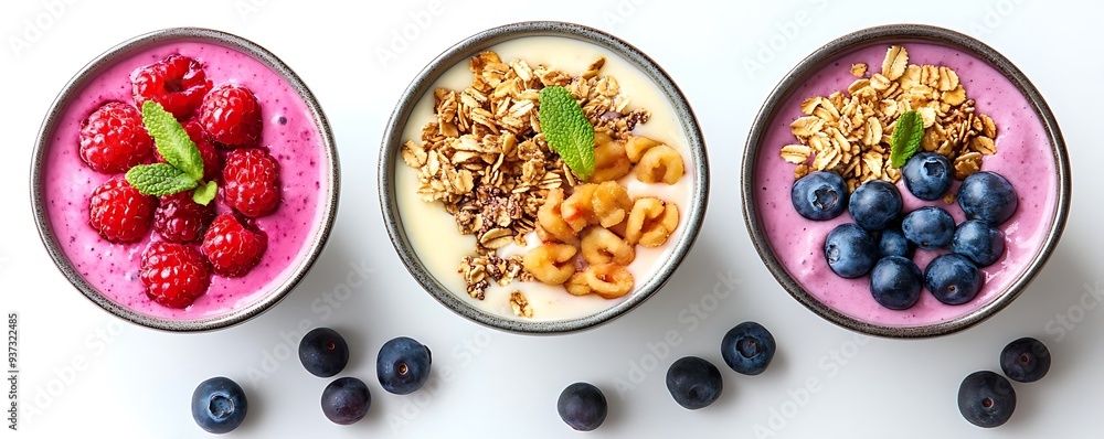Three Bowls of Yogurt with Fruit and Granola - Food Photography Three Bowls of Yogurt with Fruit and Granola - Food Photography