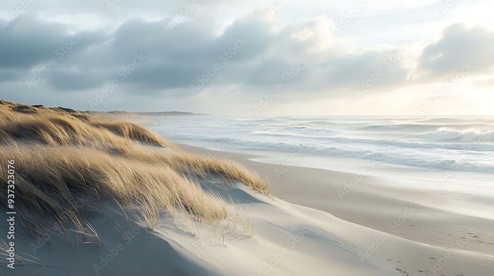 Beach with Grassy Dunes and Cloudy Sky - Photo Beach with Grassy Dunes and Cloudy Sky - Photo