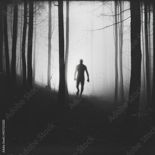 Mysterious Silhouette Walking Through Foggy Forest