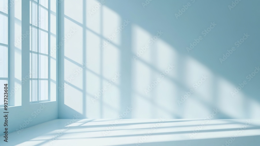 Minimalistic simple light blue background for product presentation with soft shadow and light effects from windows Minimalistic simple light blue background for product presentation with soft shadow and light effects from windows
