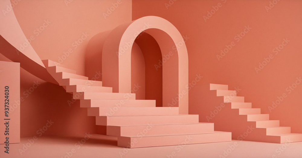 staircase in the pink, studio background,a orange royal palace with stairs staircase in the pink, studio background,a orange royal palace with stairs