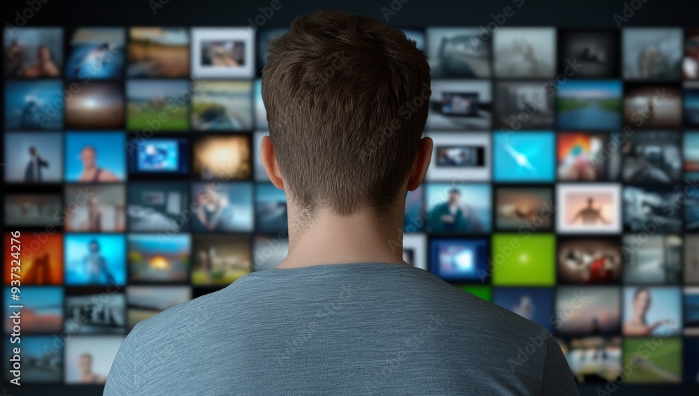 A male person standing in front of an array of television screens displaying various scenes A male person standing in front of an array of television screens displaying various scenes