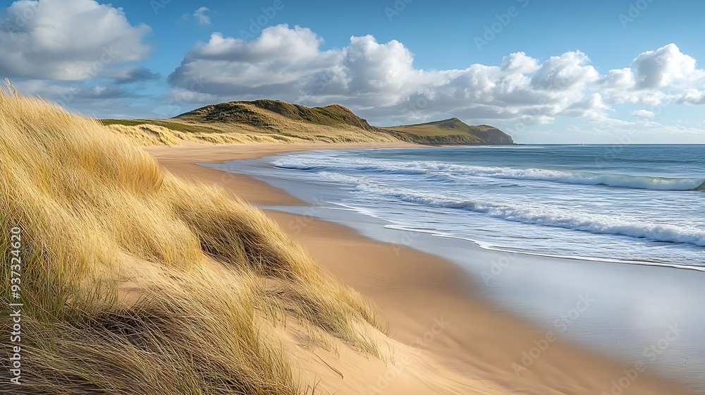 Sandy Beach with Grassy Dunes and Rolling Waves - Photo Sandy Beach with Grassy Dunes and Rolling Waves - Photo