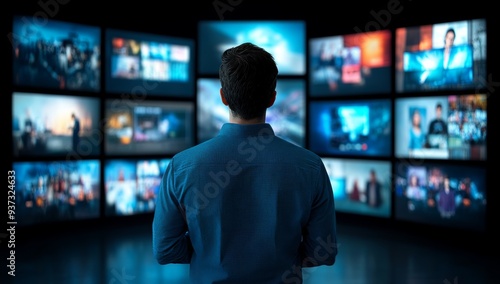 A male person standing in front of an array of television screens displaying various scenes