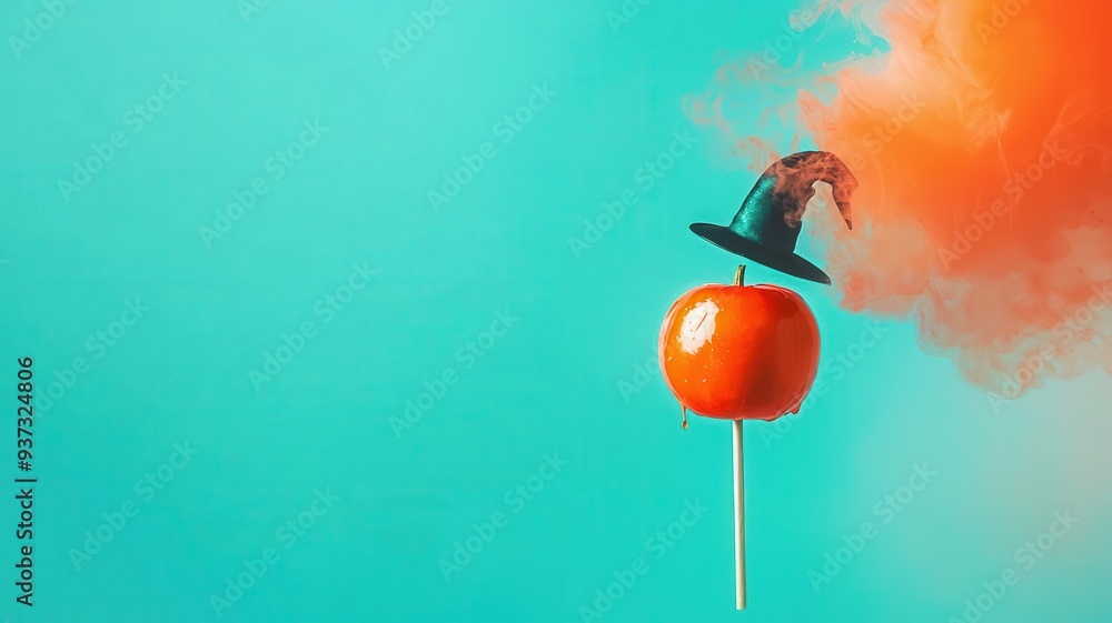 Haunted Halloween party, caramel apples, witch hat accessories, watercolor style Haunted Halloween party, caramel apples, witch hat accessories, watercolor style