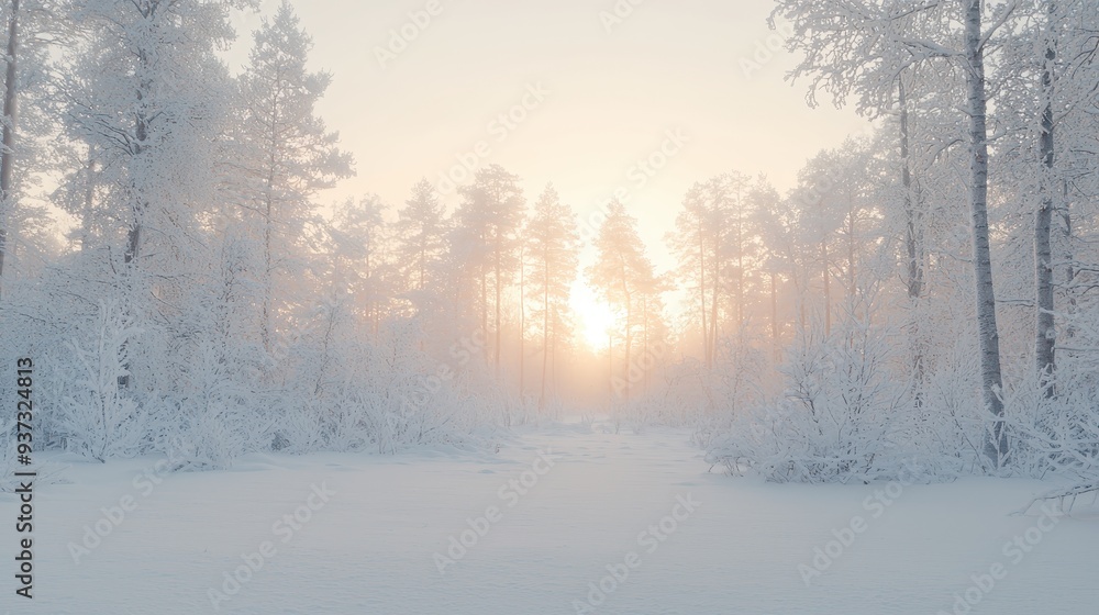 Winter Wonderland Snow Covered Forest with Sunrays and Hazy Atmosphere Winter Wonderland Snow Covered Forest with Sunrays and Hazy Atmosphere