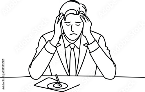 stressed and overworked businessman line art illustration black and white