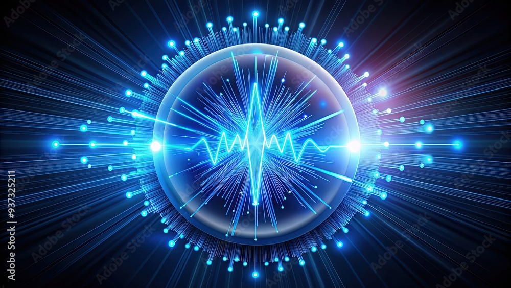 Small, shining fiber optics icon with glowing blue light pulses, symbolizing high-speed data transmission and advanced communication technology in modern networks and systems. Small, shining fiber optics icon with glowing blue light pulses, symbolizing high-speed data transmission and advanced communication technology in modern networks and systems.