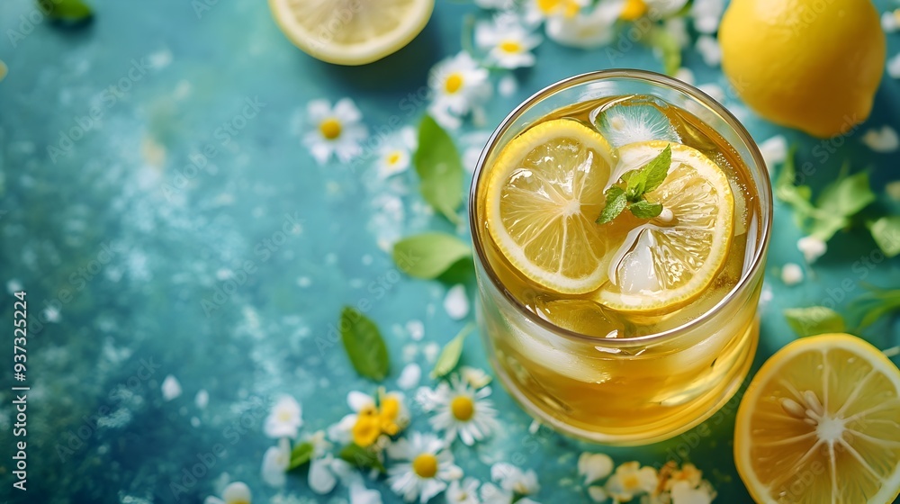 A refreshing glass of iced green tea with thinly sliced lemon creating a crisp hydrating and soothing beverage perfect for a moment of relaxation and tranquility A refreshing glass of iced green tea with thinly sliced lemon creating a crisp hydrating and soothing beverage perfect for a moment of relaxation and tranquility