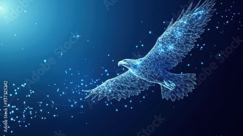 Abstract eagle construct banner showcasing low-poly design on tech background