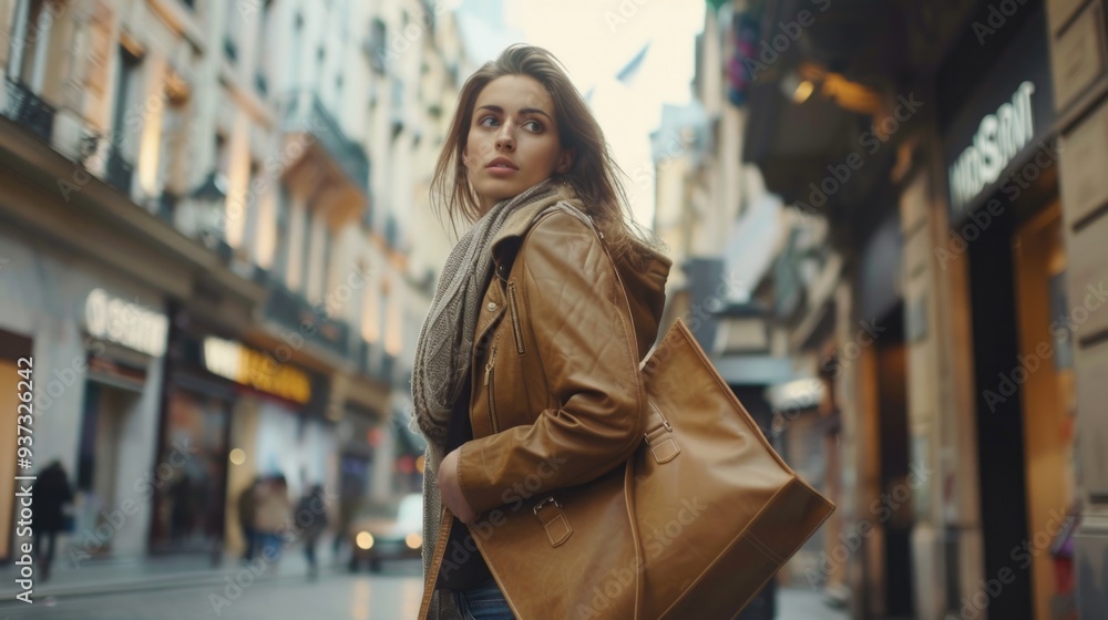 Fototapeta premium Fashionable woman with shopping bag. Urban lifestyle concept in bustling city