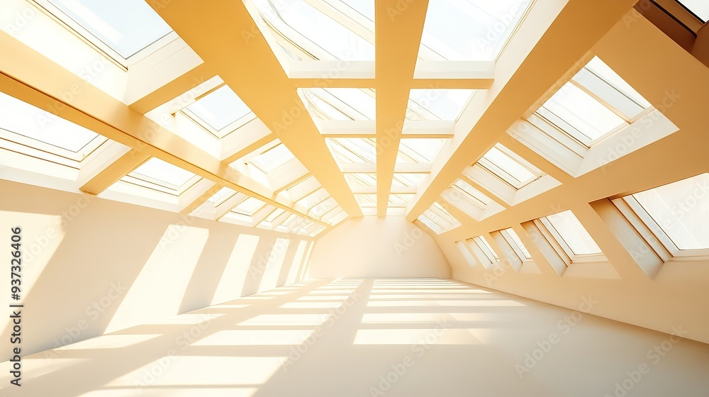Fototapeta premium Modern architectural detail with a focus on skylights and geometric patterns, creating a minimalistic and abstract background