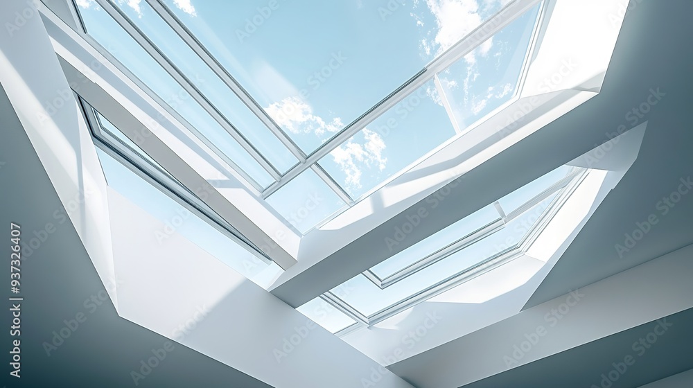 Obraz premium Modern architectural detail with geometric patterns and a focus on skylights, creating a minimalistic and sleek background