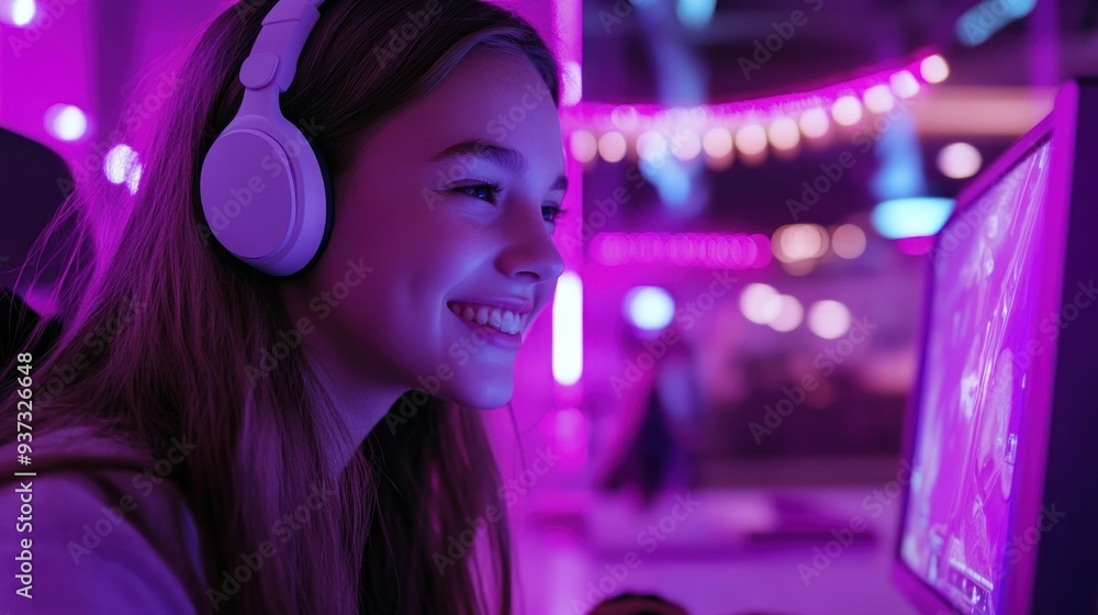 Young Woman Smiling while Gaming with Headphones in Neon Light Young Woman Smiling while Gaming with Headphones in Neon Light