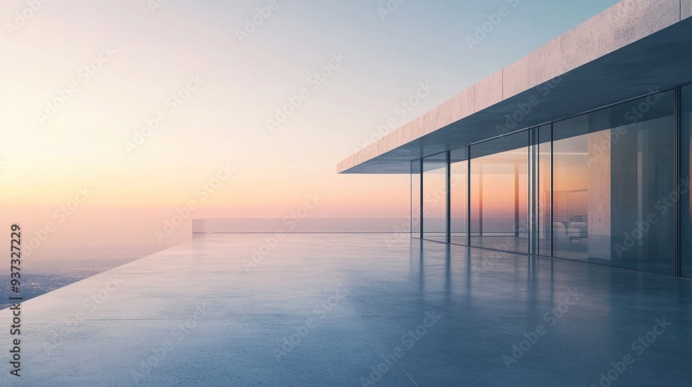 Modern architecture with an expansive concrete floor and reflective glass walls Modern architecture with an expansive concrete floor and reflective glass walls