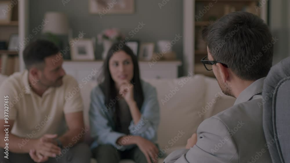 Frustrated couple talking about their problems with marriage counselor at home. 4K video Frustrated couple talking about their problems with marriage counselor at home. 4K video