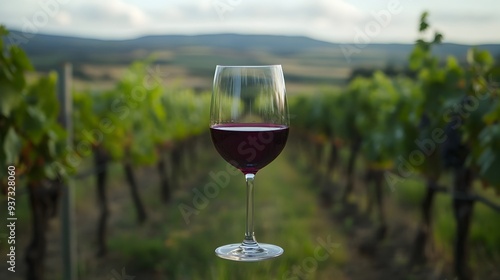 A glass of rich full bodied red wine set against the backdrop of a sprawling verdant vineyard evoking a sense of refined sophistication and the pleasures of fine wine appreciation