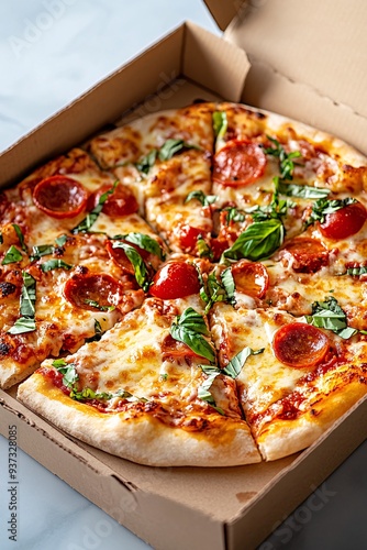 Freshly Baked Pepperoni Pizza with Basil in Cardboard Box on Marble Counter photo