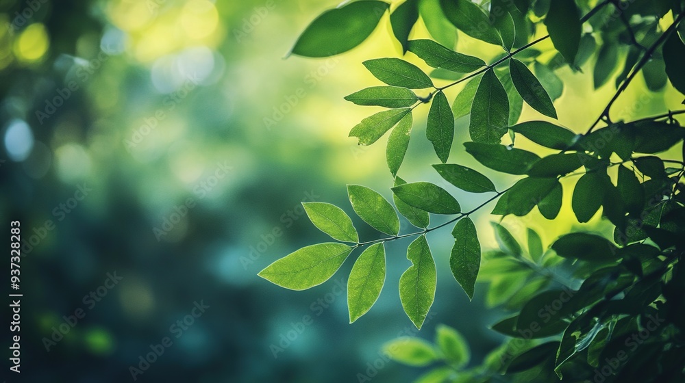 Obraz premium Modern close-up of green leaves with a blurred lush forest background