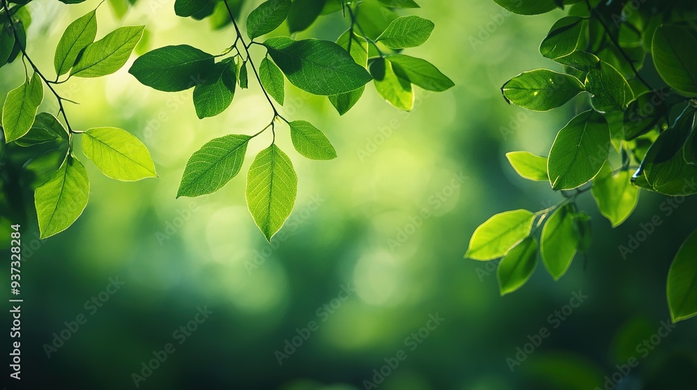 Modern close-up of green leaves with a blurred lush forest background Modern close-up of green leaves with a blurred lush forest background