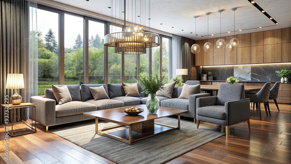 Spacious modern living room with sleek grey sofa, glass coffee table, and elegant chandelier, flows seamlessly into dining area with wooden table and chairs. Spacious modern living room with sleek grey sofa, glass coffee table, and elegant chandelier, flows seamlessly into dining area with wooden table and chairs.