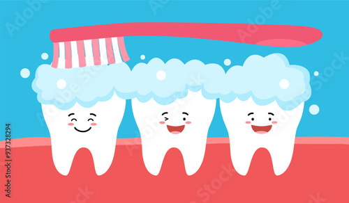 Clean your teeth everyday with toothbrush and toothpaste in flat design. Smiling teeth cartoon dental care. Oral healthcare.