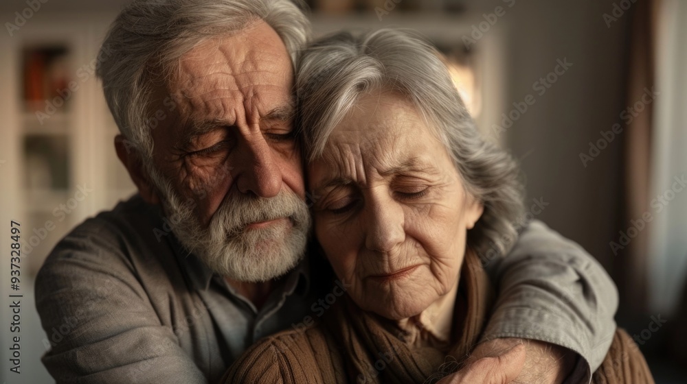 Old couple comforting each other, support and grief concept. Old couple comforting each other, support and grief concept.