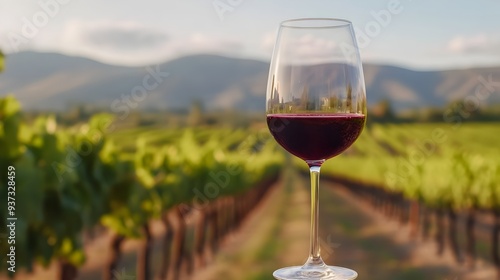 Wallpaper Mural A visually stunning image showcasing a glass of rich ruby red wine set against the serene backdrop of a verdant vineyard  The composition exudes an air of sophistication Torontodigital.ca