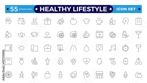 Healthy Lifestyle icon set with nutrition, exercise, sleep, stress management, hydration, mental, mindfulness, and yoga. Healthy Lifestyle outline icon set. Editable stroke outline icon. 