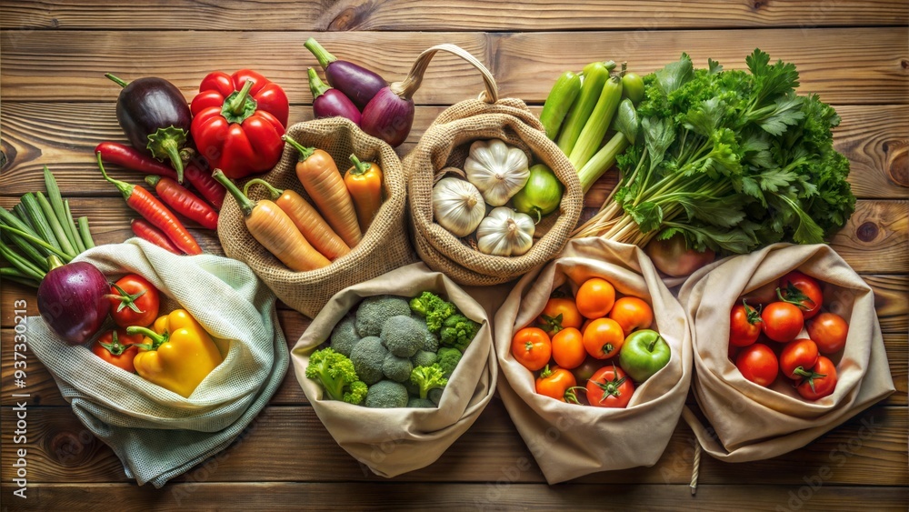 Assortment of fresh vegetables in reusable cloth bags on a wooden table Assortment of fresh vegetables in reusable cloth bags on a wooden table