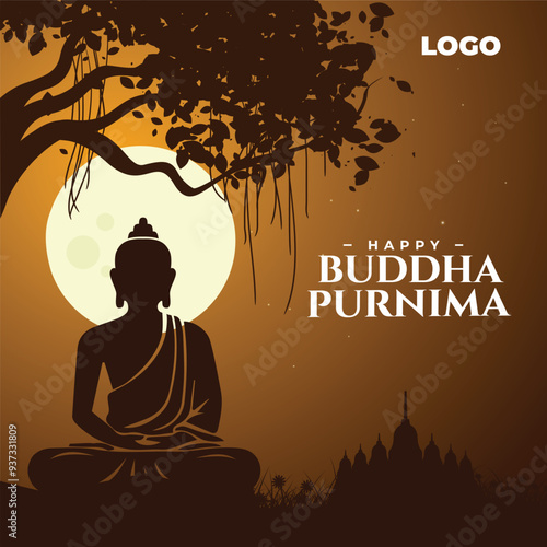 Happy Vesak Day, Buddha Purnima creative concept,  Illustration of a Buddha sitting on a rock under a Bodhi tree, Buddhism, Buddha Jayanti Social Media Post, greeting card design template