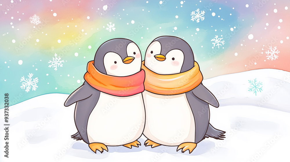 Fototapeta premium Adorable penguins wearing colorful scarves, standing close together in a snowy scene with falling snowflakes and a pastel-colored sky