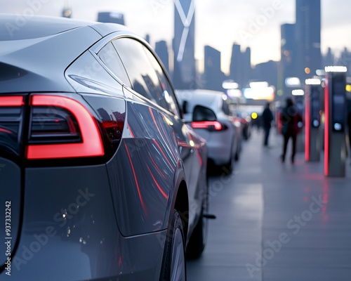 Electric Cars Charging at Urban Station During Evening in Modern Cityscape