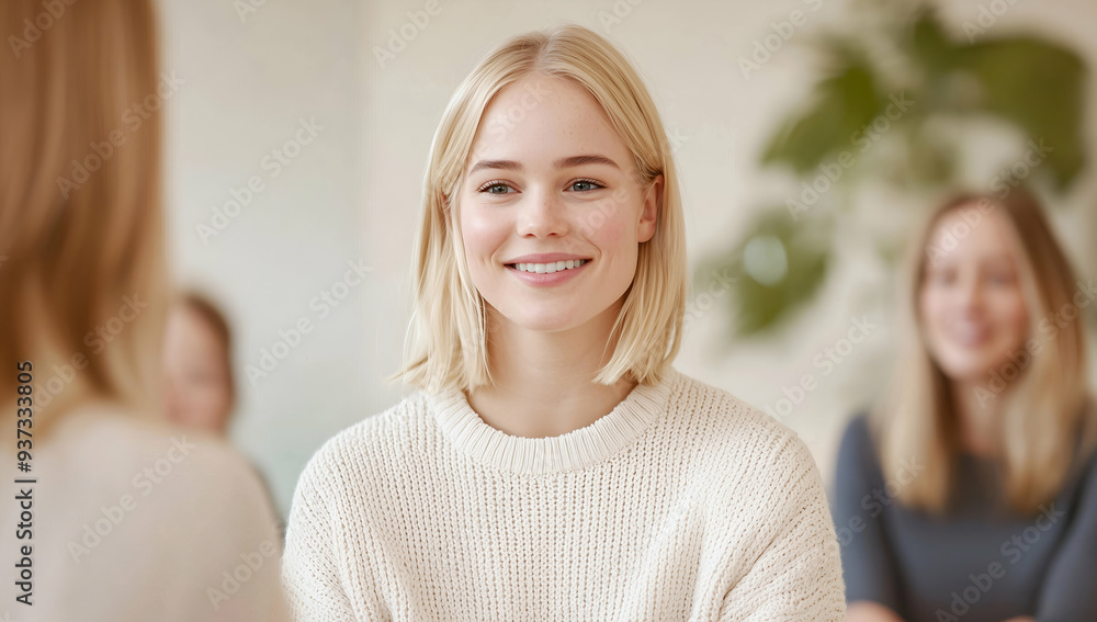 Young Woman Engaged in a Conversation During a Group Meeting at Home Young Woman Engaged in a Conversation During a Group Meeting at Home