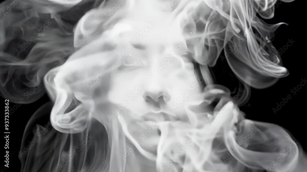 Captivating close-up of a woman surrounded by swirling smoke in a dramatic black and white setting Captivating close-up of a woman surrounded by swirling smoke in a dramatic black and white setting