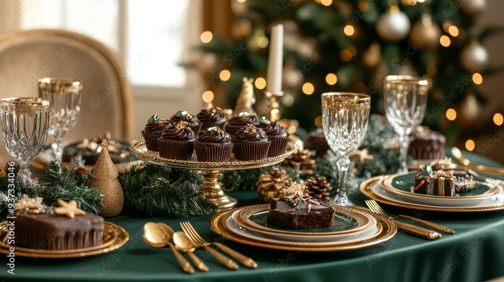 A beautifully decorated Christmas table with chocolate desserts, gold cutlery, and green tablecloth, soft focus, holiday ambiance, classic realism A beautifully decorated Christmas table with chocolate desserts, gold cutlery, and green tablecloth, soft focus, holiday ambiance, classic realism